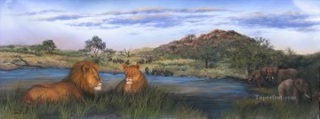 Löwe und Elefant Afrikanischer Sonnenuntergang Ölgemälde